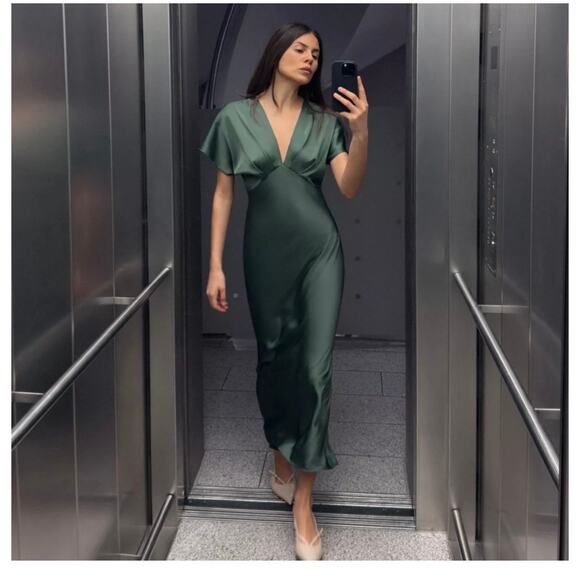 NWT Zara Green Satin Slip Midi Dress Sz Large Short Sleeve Cocktail Quiet Luxury - Picture 2 of 14